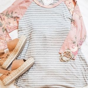 Gray Stripe Pink Floral Sleeve 3 Qtr Length Top